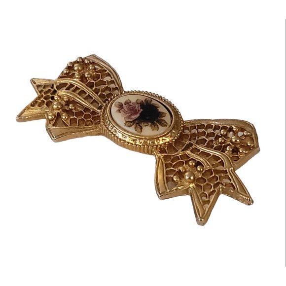 1928 Brand Gold Tone Roses Bow Pin Brooch K669 - Picture 3 of 9